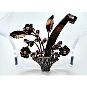 Vintage Sterling Floral Basket Brooch w/ Purple Amethyst & Rhinestones 1940's